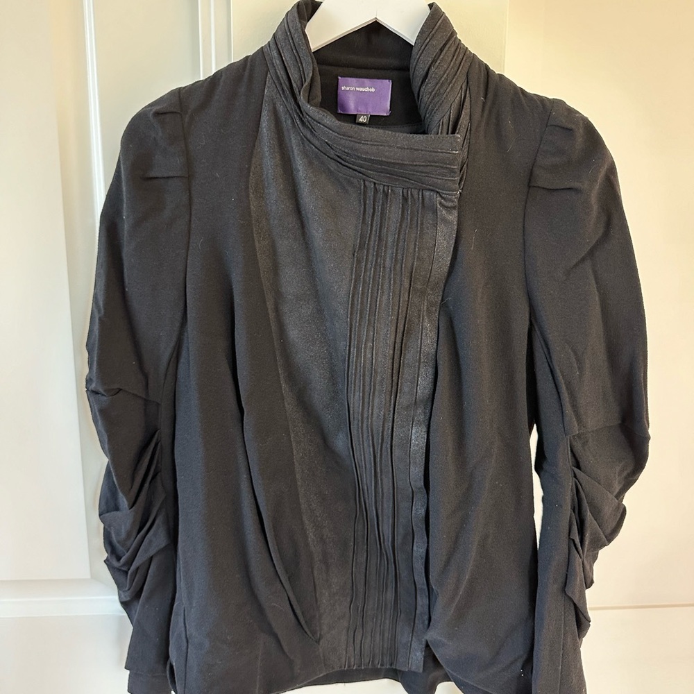 Sharon Wachoun Women's Black Leather and Cotton Bomber Jacket
